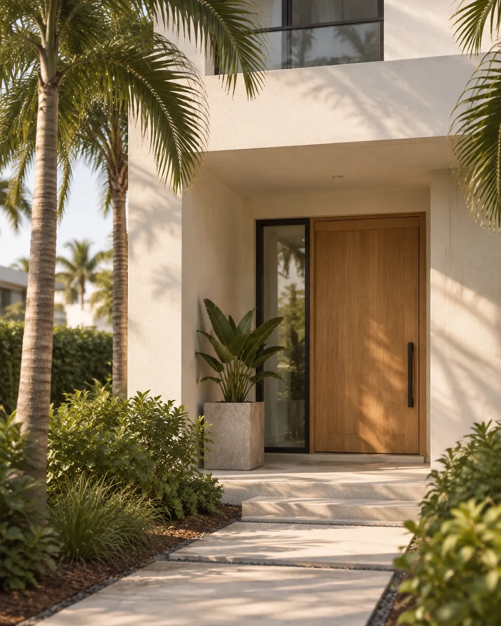 Warm residential entryway surrounded by greenery